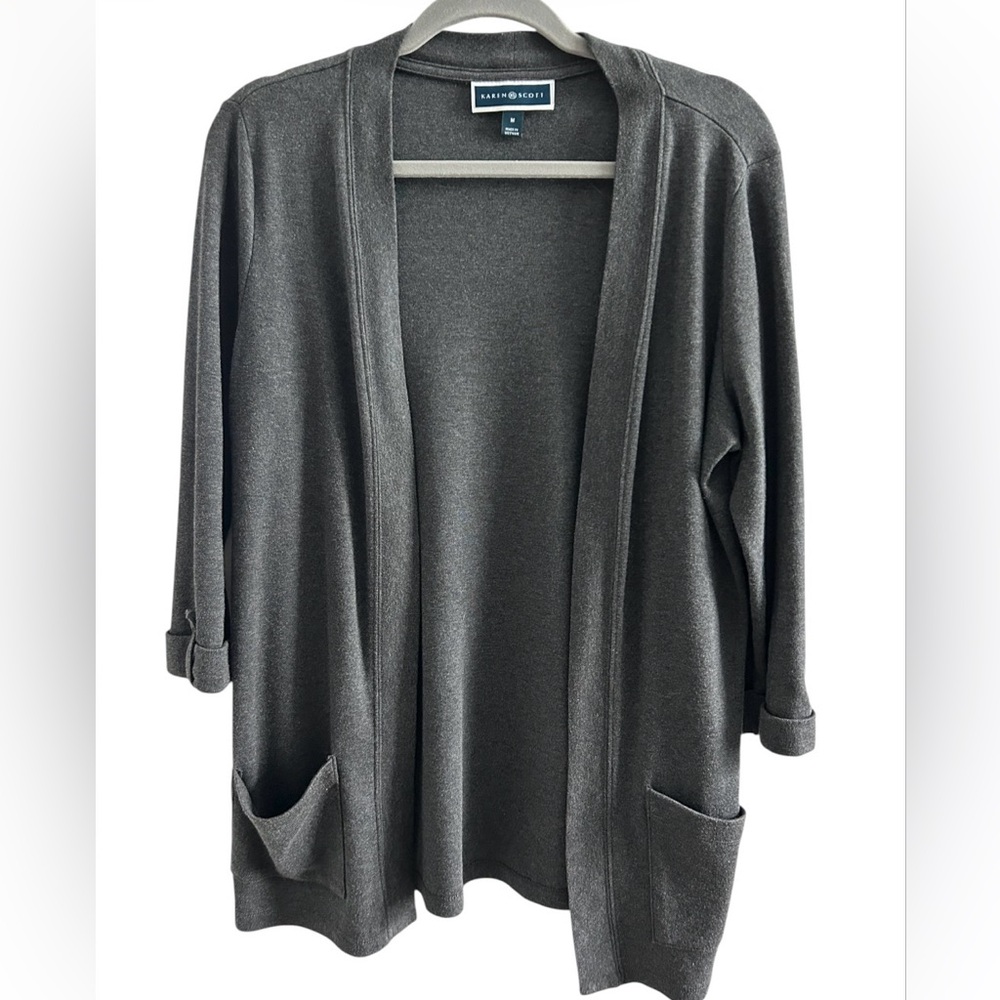 KAREN SCOTT Charcoal Open-Front Pocket Cardigan Size M
